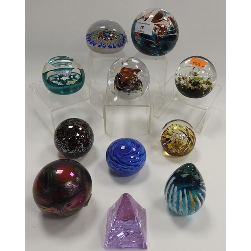 78 - Mixed paperweights including a wave form weight, signed, Maltese  Magma pattern and several sea them... 