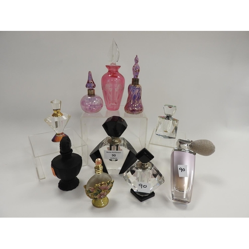 90 - Ten scent bottles, two with silver collars