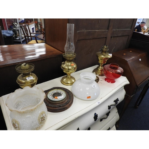 374 - Brass oil lamps, walnut aneroid barometer