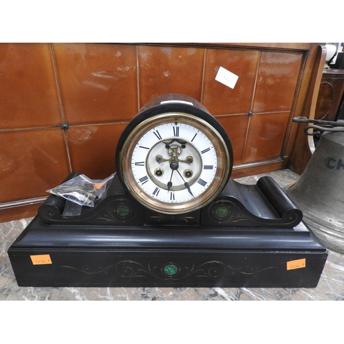 377 - French polished slate mantel clock with brocot escapement