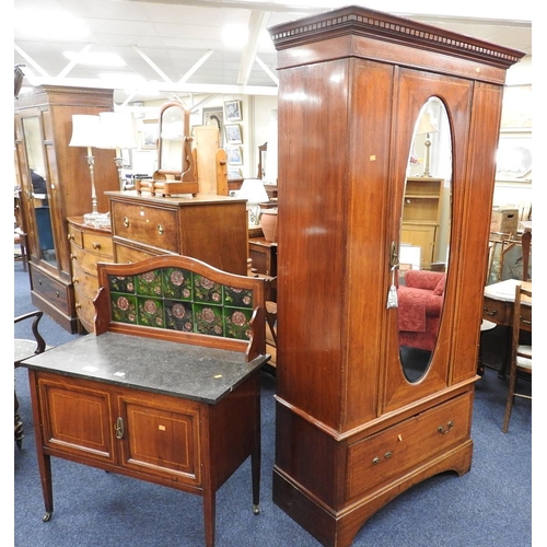 385 - Late Victorian mahogany and satin wood inlaid two piece bedroom suite comprising mirrored single war... 