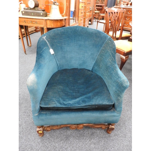 452 - Edwardian blue fabric upholstered tub chair