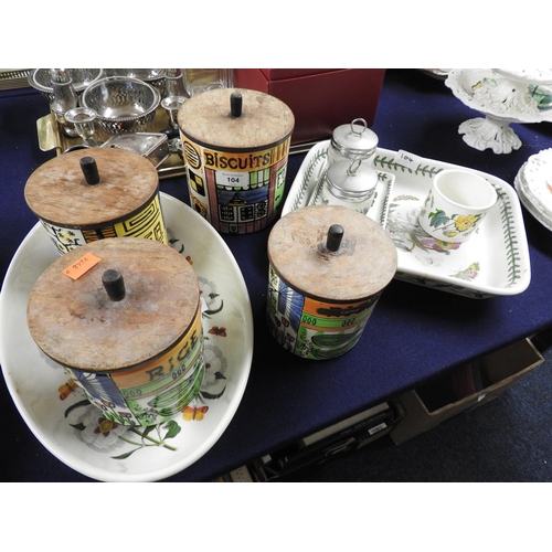 104 - Four Swedish ceramic kitchen storage containers 'tea', 'coffee', 'biscuits' and 'rice, also a Portme... 