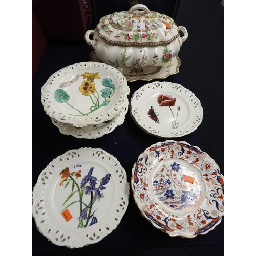 106 - Hand painted dessert set including comports and plates, also Imari style pagoda patterned dessert pl... 