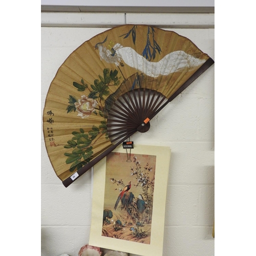 68 - Large Japanese floral decorated fan, also four Japanese prints