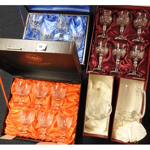 90 - Two boxed sets of Thomas Webb pedestal glasses, also a boxed set crystal hock glasses and two tankar... 