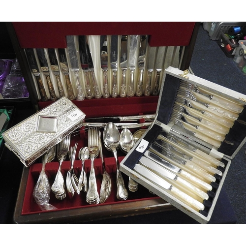 96 - Canteen of silver plated Kings pattern cutlery including carving set, also a cased set of mother of ... 