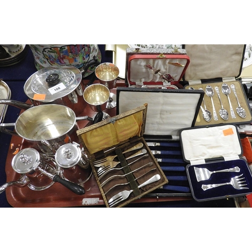 108 - Mixed silver plated wares including teapot, twin handled container, pair of chocolate pots and mixed... 