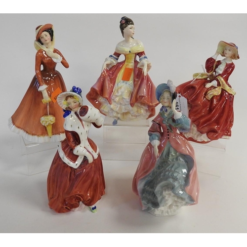 161 - Five Royal Doulton figurines including 'Julia' and 'Top o' the Hill'