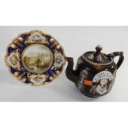 182 - Victorian Measham pottery presentation teapot 'Present to Mrs Wood Coventry 1881'; also a Victorian ... 