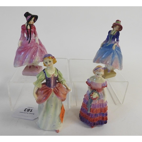 183 - Four Royal Doulton miniature figurines 'Denise', two 'Pantalettes' and 'Bridesmaid'