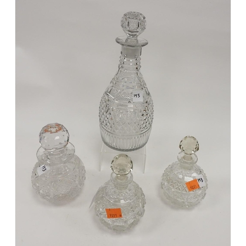 193 - Edwardian cut glass crystal decanter, pair of globular shaped cut glass and stoppered perfume bottle... 