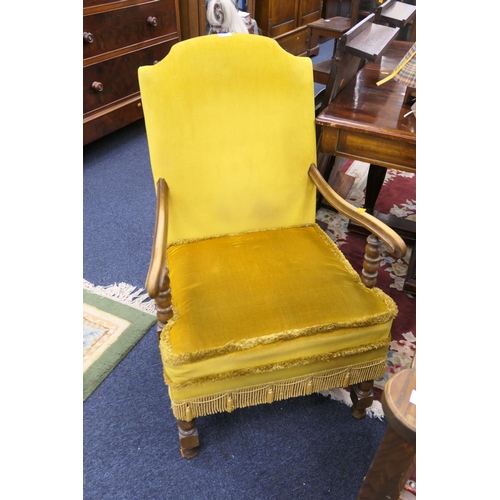 583 - Upholstered beech framed open armchair in the William and Mary style