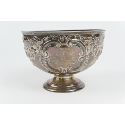 114 - Edwardian silver presentation rose bowl, by Walker & Hall, Sheffield 1907, repousse decorated with f... 