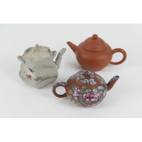 21 - Chinese Yixing miniature teapot, height 7cm; also a further enamelled Yixing teapot, 6cm and another... 