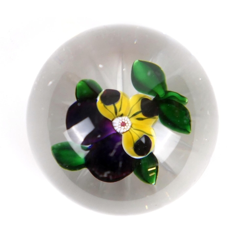 32 - Baccarat pansy miniature paperweight, circa 1850, worked with a single flower with green leaves in a... 