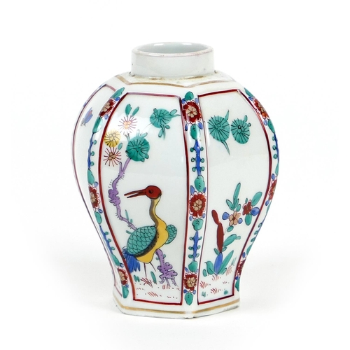 40 - Chantilly porcelain tea caddy, circa 1740 - 1760, decorated in the Kakiemon palette with panels of b... 