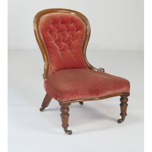 584 - Victorian walnut and upholstered lady's spoon back chair, circa 1870-90, raised on turned forelegs w... 