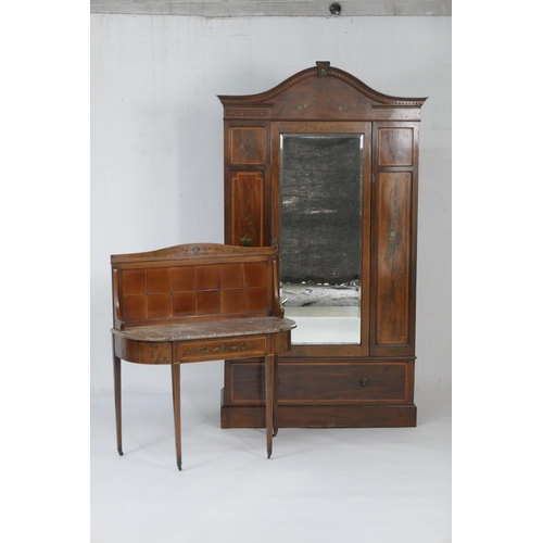 586 - Late Victorian Sheraton Revival mahogany and painted two piece bedroom suite comprising mirrored war... 