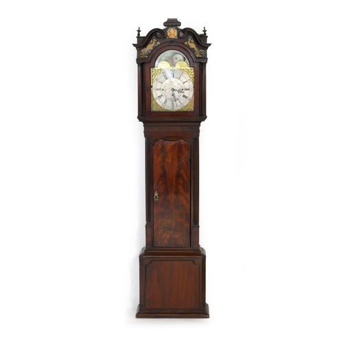 587 - Lanson, Keighley, mahogany eight day musical chiming longcase clock, the hood with verre eglomise pa... 