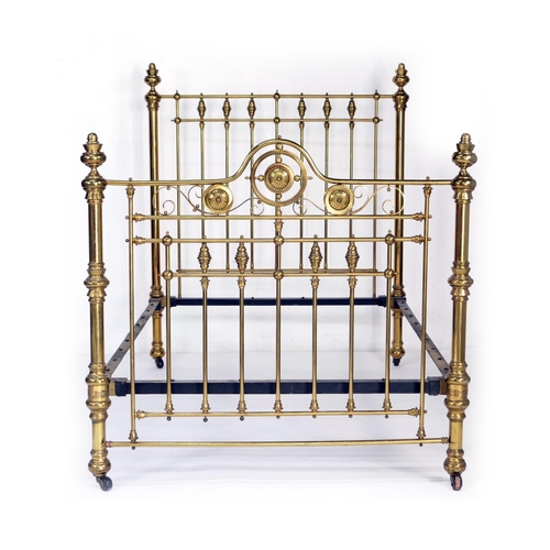 588 - Victorian brass double bed, with original pine framed spring base and irons, width 142cm, length 211... 