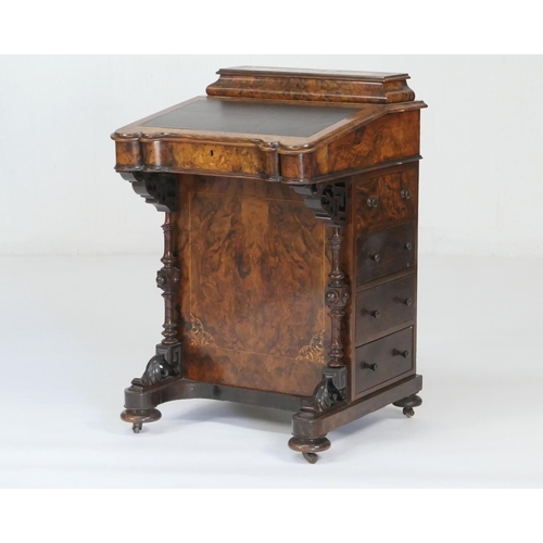 592 - Victorian burr walnut and inlaid davenport, circa 1850-70, the slope front with later rexine writing... 