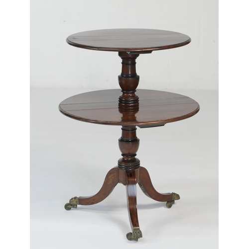 597 - Late George III mahogany folding dumb waiter, circa 1825, the top 53cm diameter, over a turned and r... 