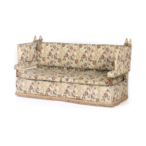 603 - Traditional tapestry fabric upholstered knole settee, with turned mahogany forearms, raised on origi... 