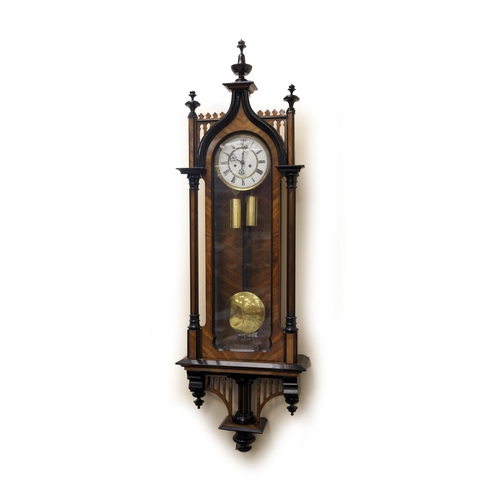 608 - Victorian Gothic inspired walnut Vienna wall clock, circa 1870, with ebonised finials, fluted column... 