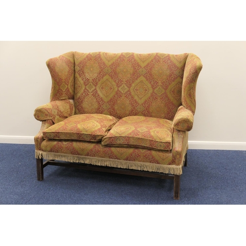 608A - Georgian style tapestry fabric upholstered two seater wing settee, width 145cm, height 113cm, depth ... 