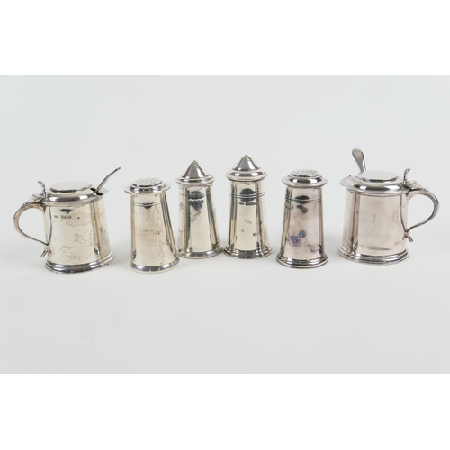 64 - George V silver six piece condiment set, by Edward Viners, Sheffield 1934, comprising two lidded mus... 