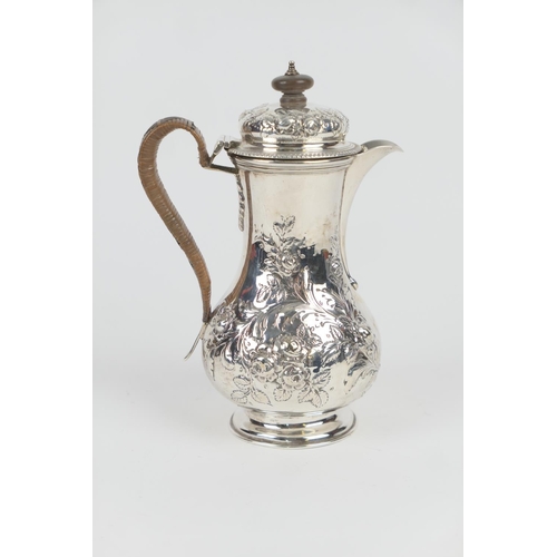 79 - Victorian silver hot water jug, maker JHR, London 1900, repousse baluster form with foliate scrolls,... 