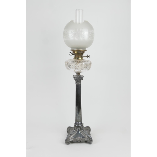 86 - Victorian silver plated Corinthian column table lamp, frosted globular shade (af) over a cut clear g... 