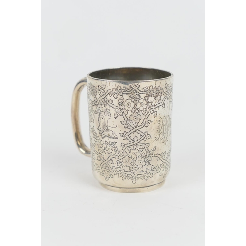 87 - Victorian silver half pint tankard, London 1892, cylinder form engraved with butterflies amidst flow... 