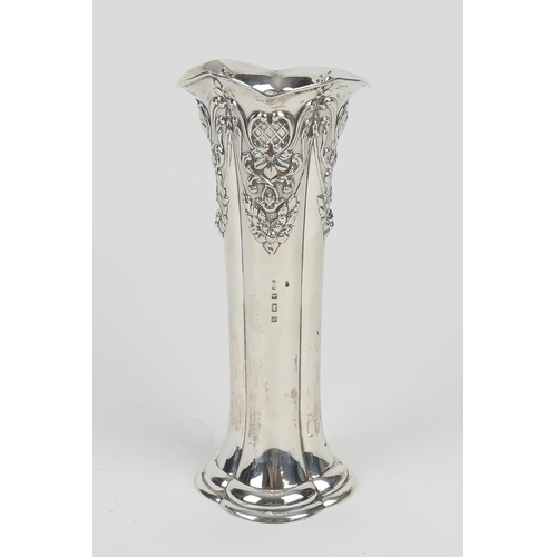 91 - Late Victorian silver flower vase, Birmingham 1900, lobed, waisted form decorated at the neck, heigh... 