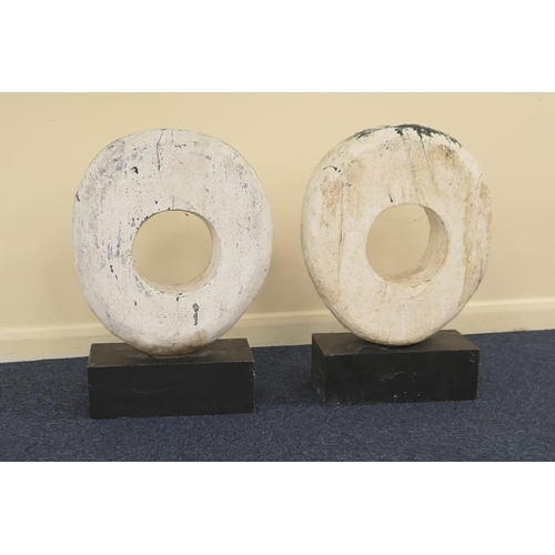 609 - Pair of painted carved wooden sculptures, clearly influenced by the works of Barbara Hepworth, mount... 