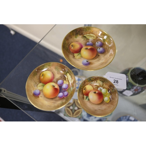 28 - Three Royal Worcester fruit decorated pin dishes, the largest decorated with apples and cherries, si... 