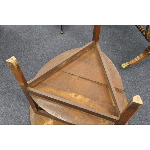 593 - Oak cricket table, early 19th Century, circular two plank top, 85cm diameter, raised on elm chamfere... 