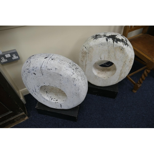 609 - Pair of painted carved wooden sculptures, clearly influenced by the works of Barbara Hepworth, mount... 