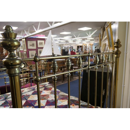 588 - Victorian brass double bed, with original pine framed spring base and irons, width 142cm, length 211... 