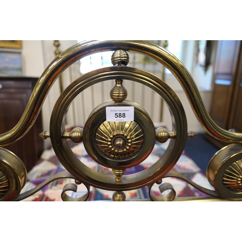 588 - Victorian brass double bed, with original pine framed spring base and irons, width 142cm, length 211... 