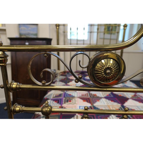 588 - Victorian brass double bed, with original pine framed spring base and irons, width 142cm, length 211... 