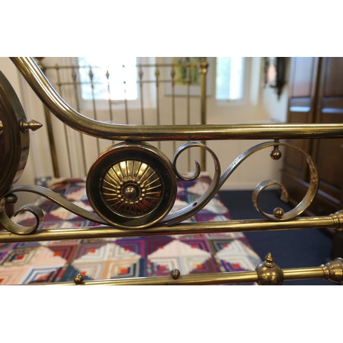 588 - Victorian brass double bed, with original pine framed spring base and irons, width 142cm, length 211... 