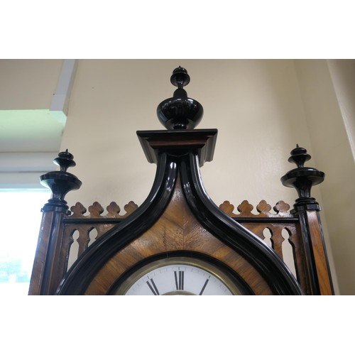 608 - Victorian Gothic inspired walnut Vienna wall clock, circa 1870, with ebonised finials, fluted column... 