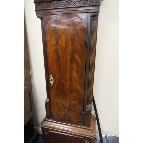 587 - Lanson, Keighley, mahogany eight day musical chiming longcase clock, the hood with verre eglomise pa... 