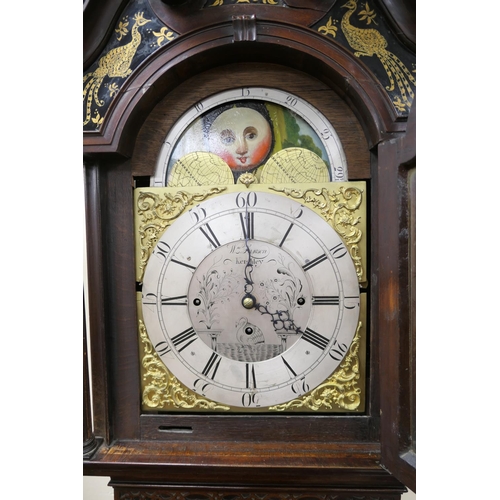 587 - Lanson, Keighley, mahogany eight day musical chiming longcase clock, the hood with verre eglomise pa... 