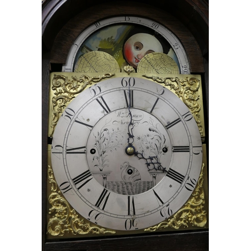 587 - Lanson, Keighley, mahogany eight day musical chiming longcase clock, the hood with verre eglomise pa... 