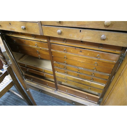 586A - Victorian oak collector's cabinet, circa 1900, fitted with four drawers at the top, the cupboard doo... 