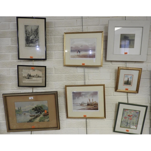 20 - Number of framed pictures and prints including Liverpool dry point etching by Edwin Law, a modernist... 