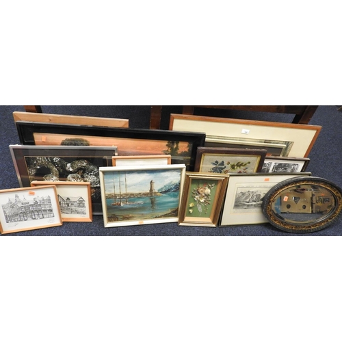 100 - Various framed prints including an engraving of Holt Castle and a small Victorian oval wall mirror